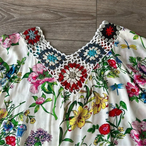 V Neck Kaftan Ruffle Sleeve Crochet Trim Bohemian Top With Fringe - Picture 12 of 13